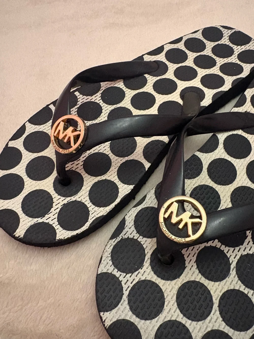 Michael Kors Black Polka Dot Flip Flops with Gold MK Medallions
